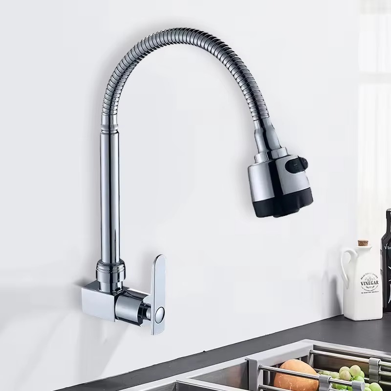 主图_2 Factory Direct Sale Antique Brass Wall Mounted Kitchen Faucet Modern Zinc Single Cold Tap Brushed Nickel FinishSingle Handle