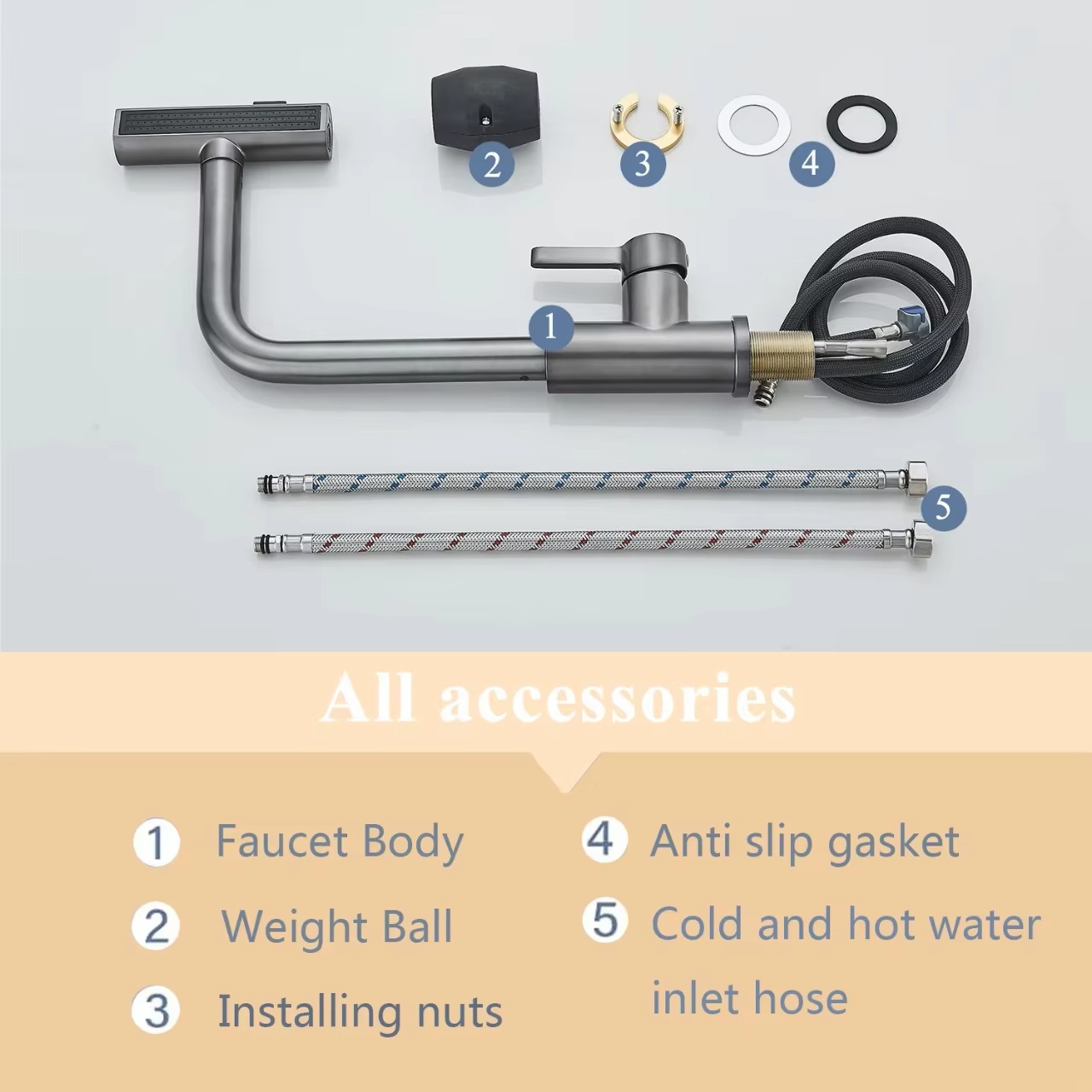 2024122109325132 Роскошный Современный Pull-Out Водопад Смеситель Кухня Кран 201 Нержавеющая Сталь Керамический Клапан Сердечник Коммерческий Кран Оружие Серый