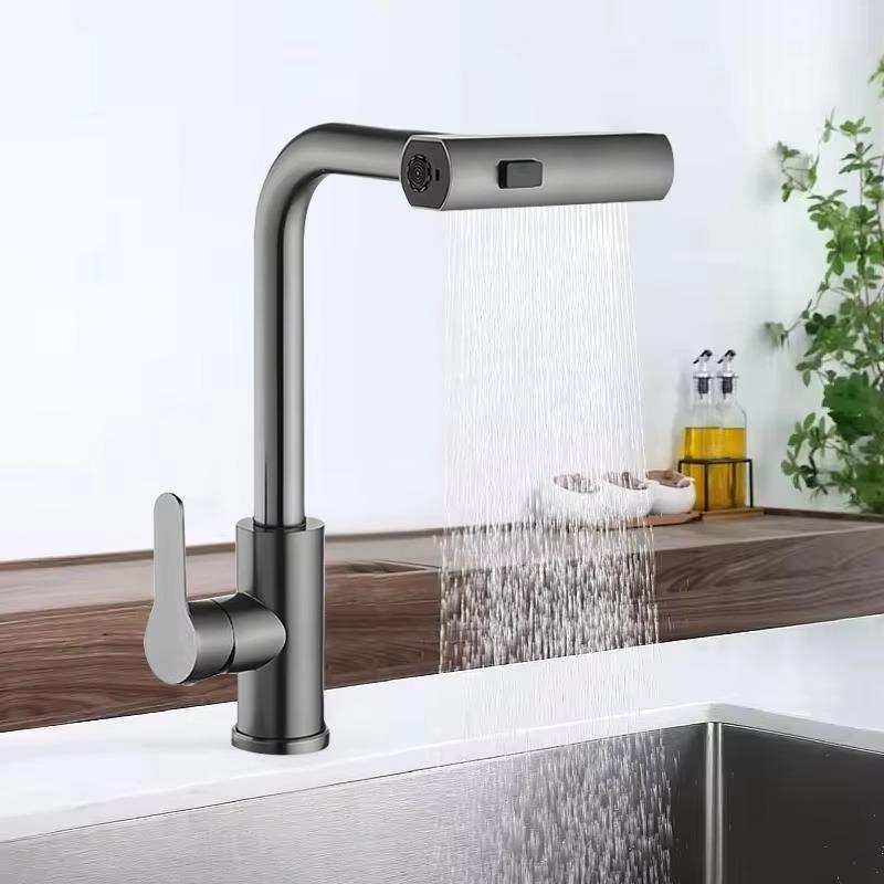 2024123008543264 Роскошный Современный Pull-Out Водопад Смеситель Кухня Кран 201 Нержавеющая Сталь Керамический Клапан Сердечник Коммерческий Кран Оружие Серый