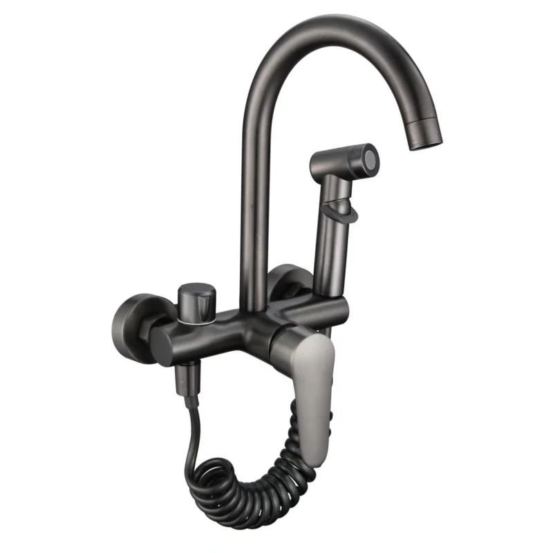 سعر جيد صنبور مطبخ نحاسي مثبت على الحائط بذراع ميكانيكي دوار مسدس رمادي مقاوم للرذاذ، آلية مقاومة للرذاذ لشرفة المطبخ