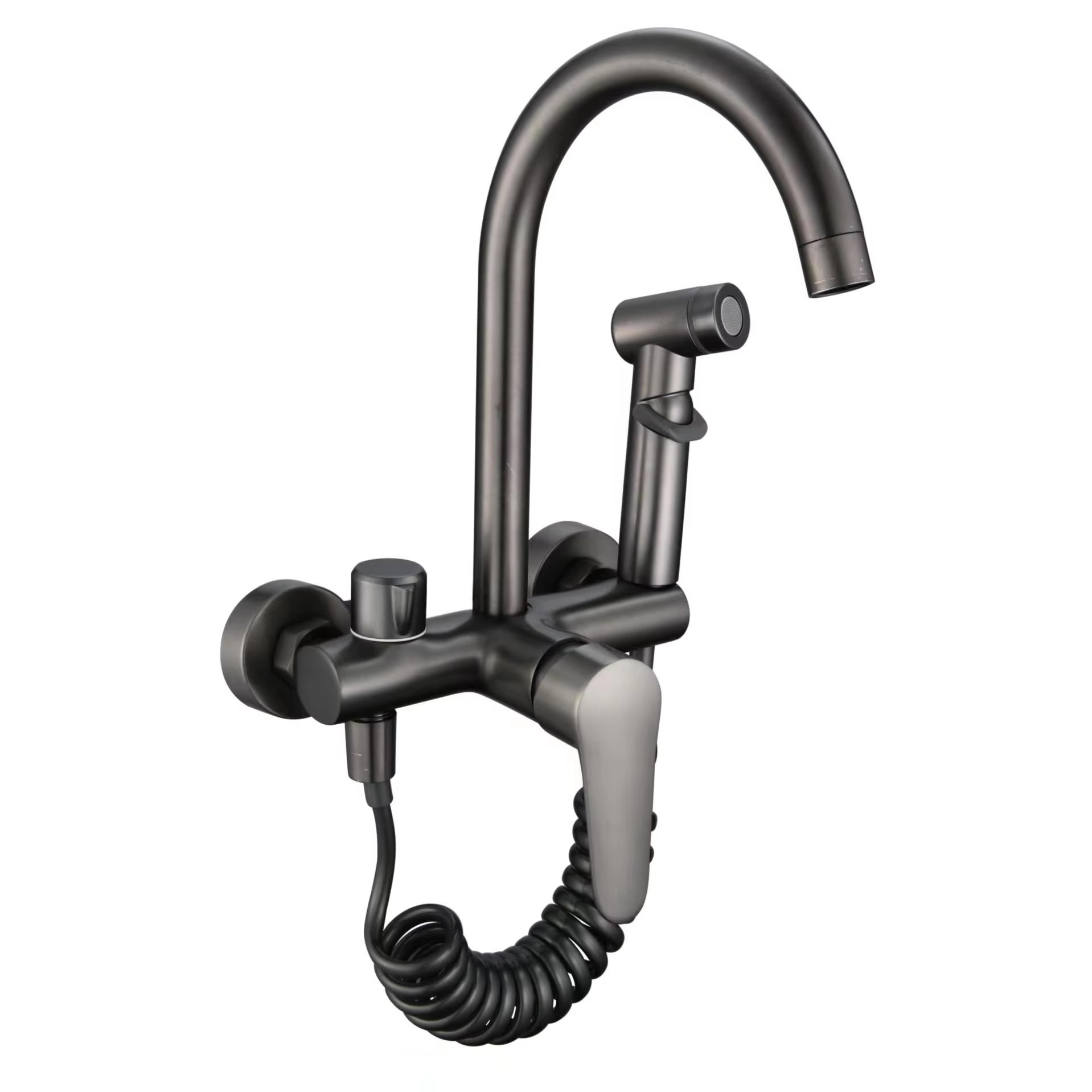 主_1 سعر جيد صنبور مطبخ نحاسي مثبت على الحائط بذراع ميكانيكي دوار مسدس رمادي مقاوم للرذاذ، آلية مقاومة للرذاذ لشرفة المطبخ