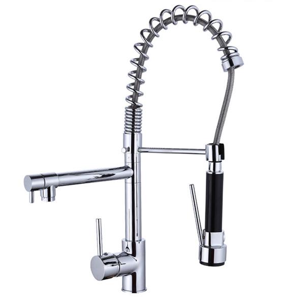 صنبور مطبخ بتصميم عصري 360 درجة قابل للدوران حنفية مطبخ عالية الجودة من الكروم بزنبرك سحب بخاخ 304 من الفولاذ المقاوم للصدأ صنبور خلاط بارد وساخن