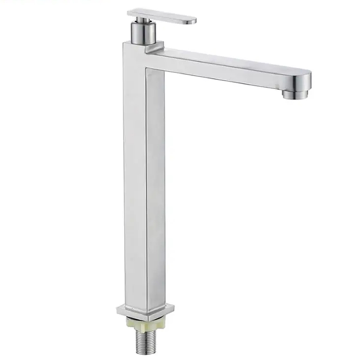 صنبور حوض بارد واحد على الطراز التقليدي 304 من الفولاذ المقاوم للصدأ لحوض غسيل الحمام حوض صنبور مربع بفتحة واحدة مرتفعة