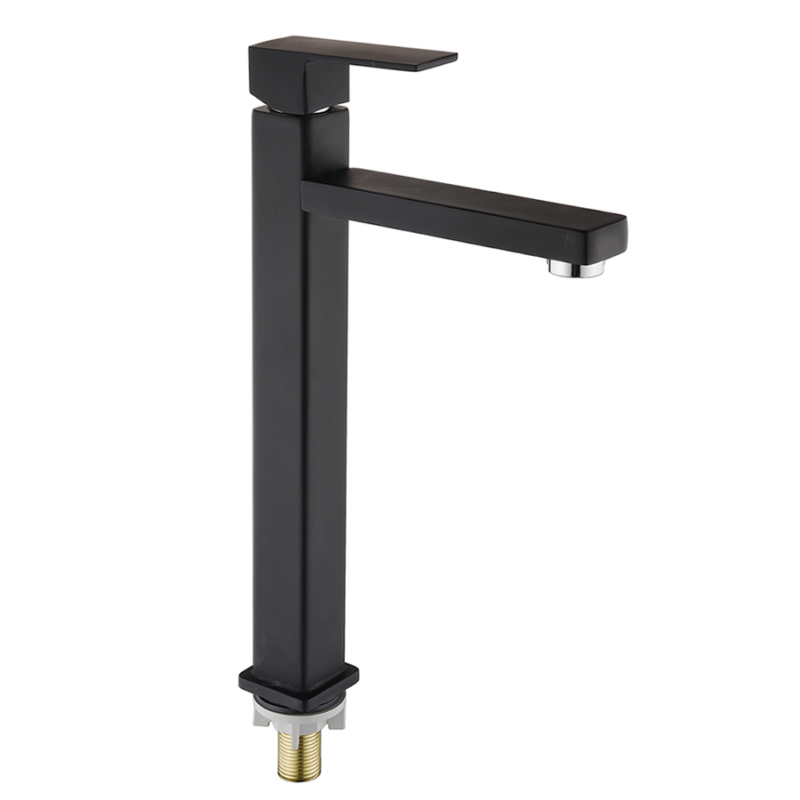 Robinet de lavabo carré noir fantaisie Robinet d'eau froide haut et simple avec corps en zinc Poignée unique montée sur le sol pour évier de salle de bains